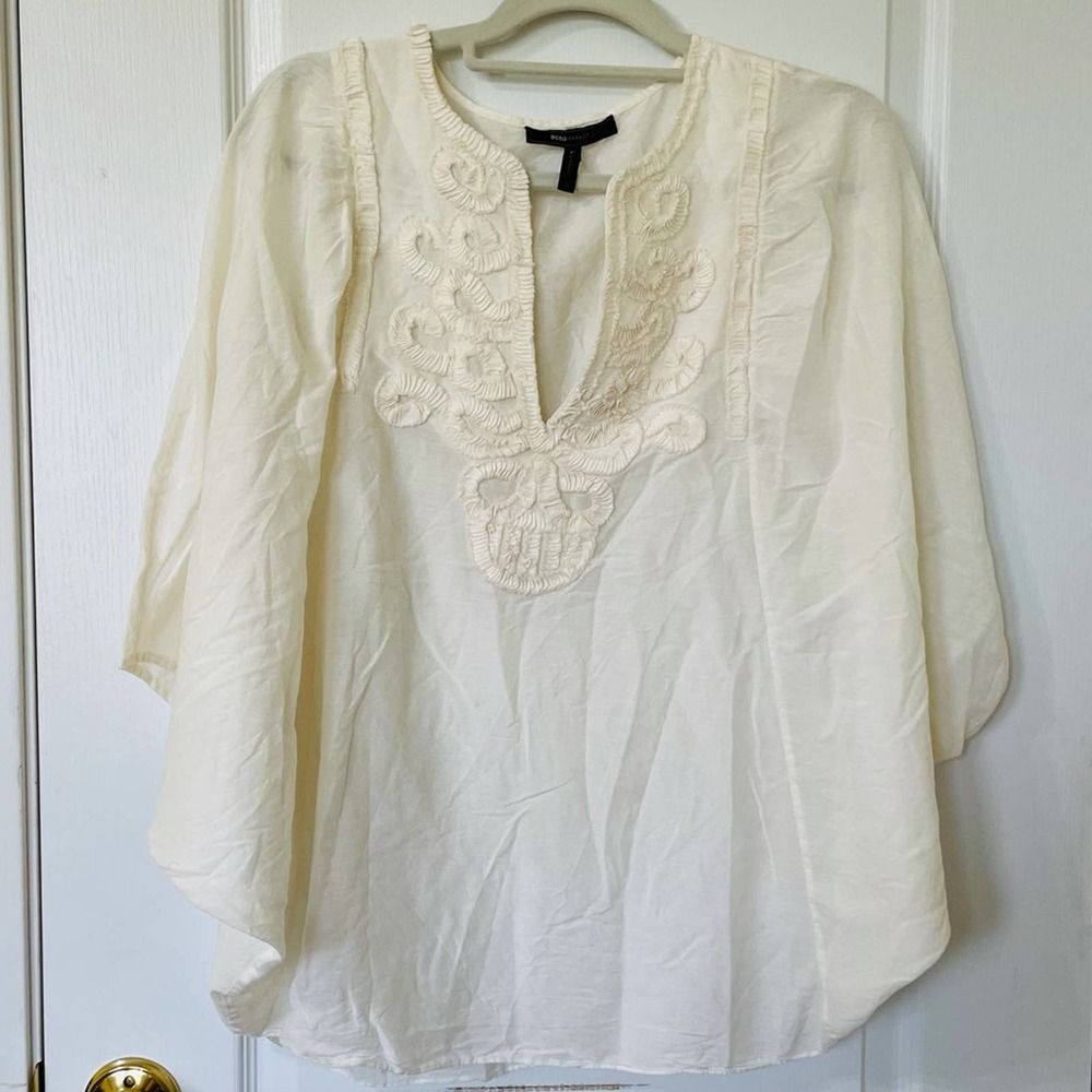 BCBGMAXAZRIA Poet Sleeve Blouse Pleated Trim OS